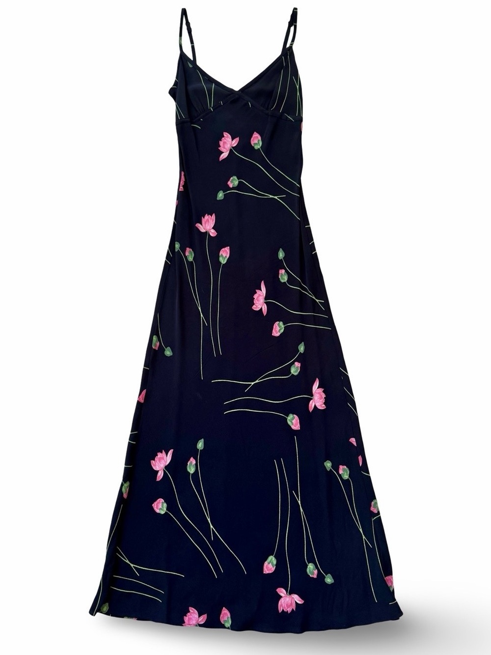Betsey Johnson Vintage Black Maxi Slip Dress with Pink Floral Buds - Picture 3 of 5